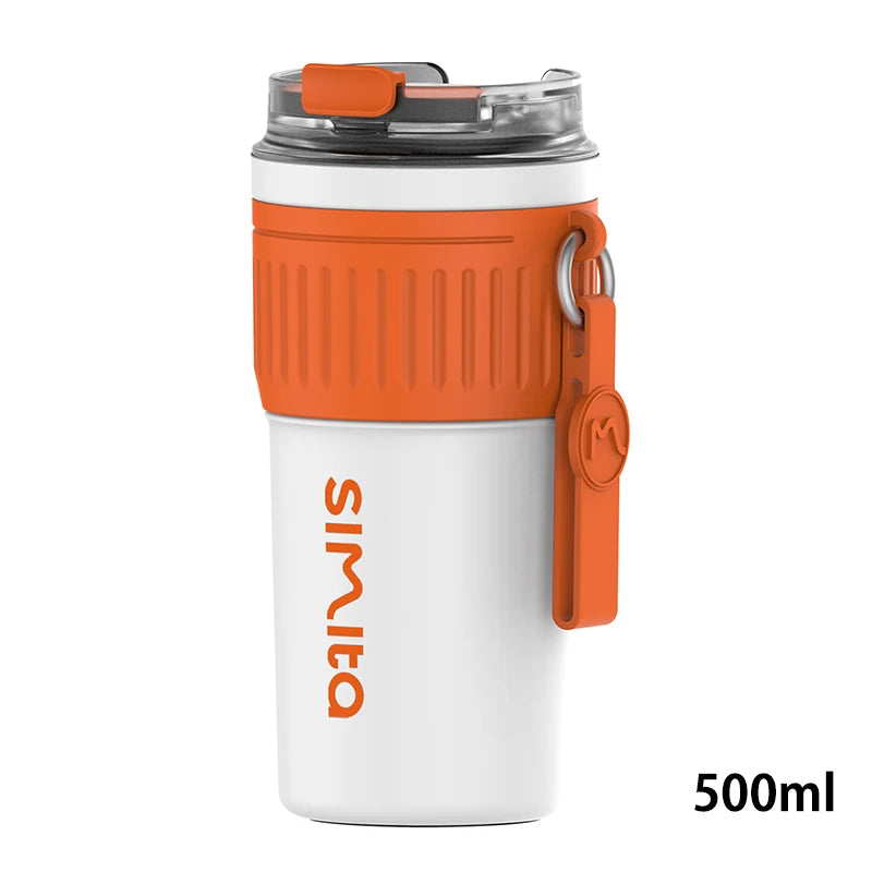 FEIJIAN-Copo de café em aço inoxidável, copo térmico portátil, caneca de viagem com corda de elevação, antiderrapante, 500ml, 400ml