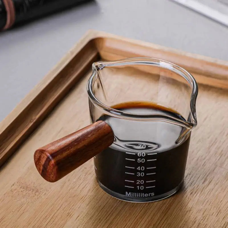 Copo Medidor Espresso com Cabo de Madeira, Dupla e Única Boca, Jarro de Leite, resistente ao calor, Café Shot Glass, Escala Medida Canecas