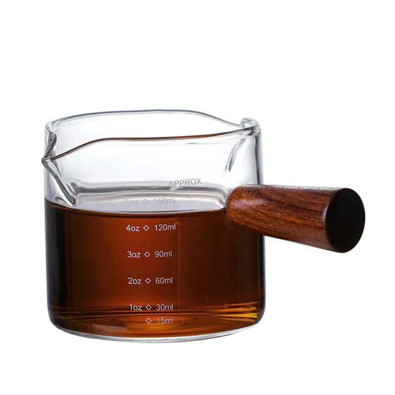 Copo Medidor Espresso com Cabo de Madeira, Dupla e Única Boca, Jarro de Leite, resistente ao calor, Café Shot Glass, Escala Medida Canecas