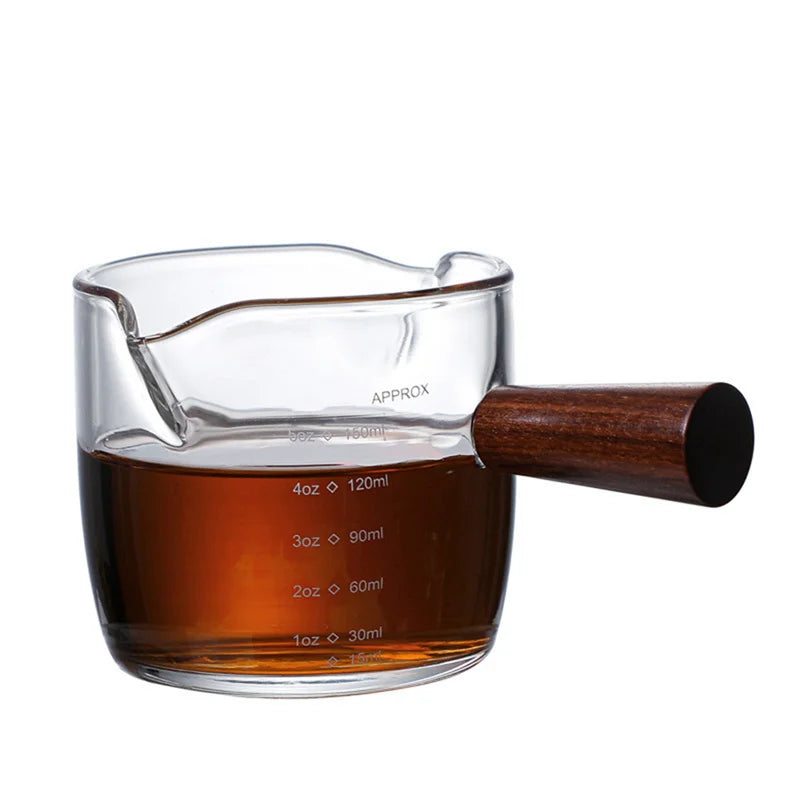 Copo Medidor Espresso com Cabo de Madeira, Dupla e Única Boca, Jarro de Leite, resistente ao calor, Café Shot Glass, Escala Medida Canecas