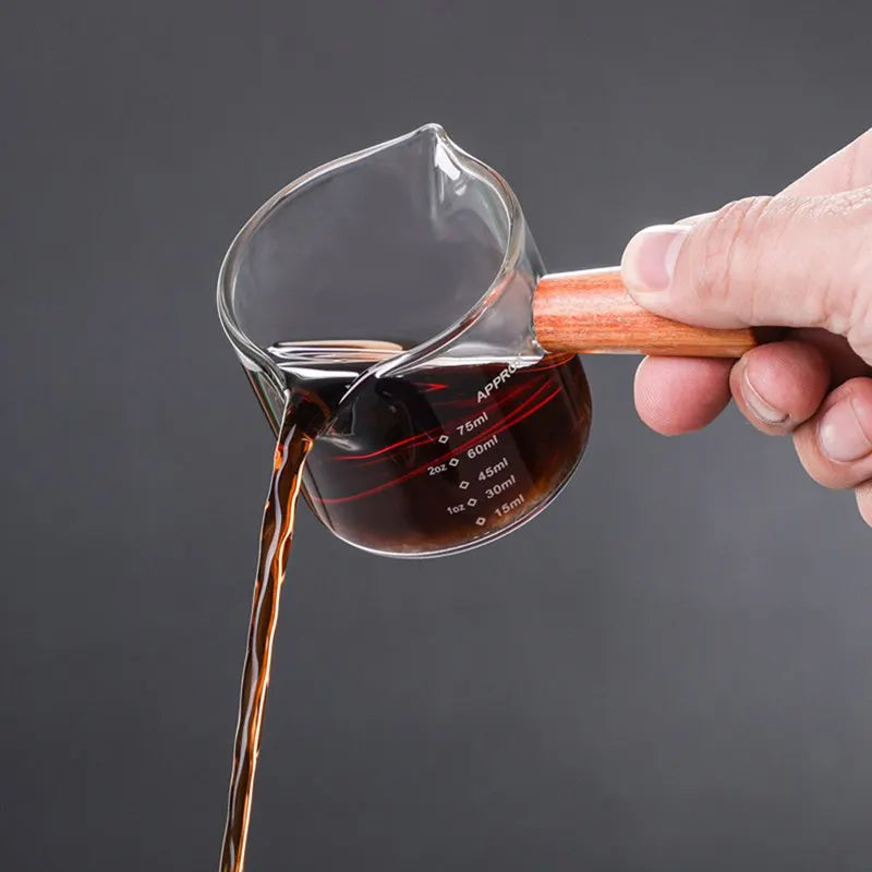 Copo Medidor Espresso com Cabo de Madeira, Dupla e Única Boca, Jarro de Leite, resistente ao calor, Café Shot Glass, Escala Medida Canecas