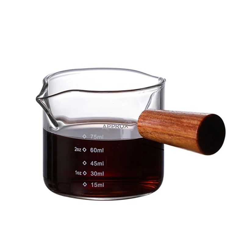 Copo Medidor Espresso com Cabo de Madeira, Dupla e Única Boca, Jarro de Leite, resistente ao calor, Café Shot Glass, Escala Medida Canecas