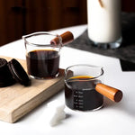 Copo Medidor Espresso com Cabo de Madeira, Dupla e Única Boca, Jarro de Leite, resistente ao calor, Café Shot Glass, Escala Medida Canecas