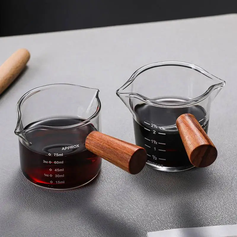 Copo Medidor Espresso com Cabo de Madeira, Dupla e Única Boca, Jarro de Leite, resistente ao calor, Café Shot Glass, Escala Medida Canecas