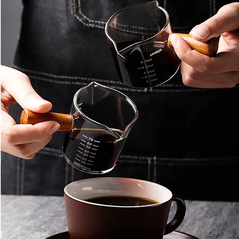 Copo Medidor Espresso com Cabo de Madeira, Dupla e Única Boca, Jarro de Leite, resistente ao calor, Café Shot Glass, Escala Medida Canecas