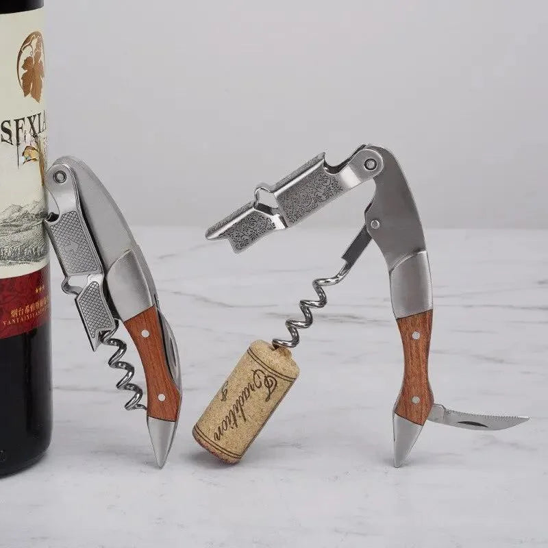 Aço inoxidável profissional vinho saca-rolhas com cabo de madeira, portátil parafuso saca-rolhas, multifunções Beer Cap garrafa, 1PC