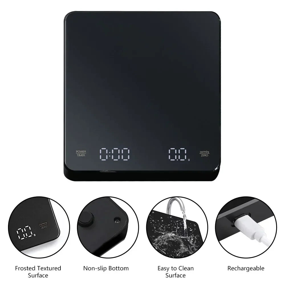 Balança de café recarregável digital com temporizador tela LED Espresso USB 3kg máx. Pesando 0,1g Medidas de alta precisão Balança de cozinha