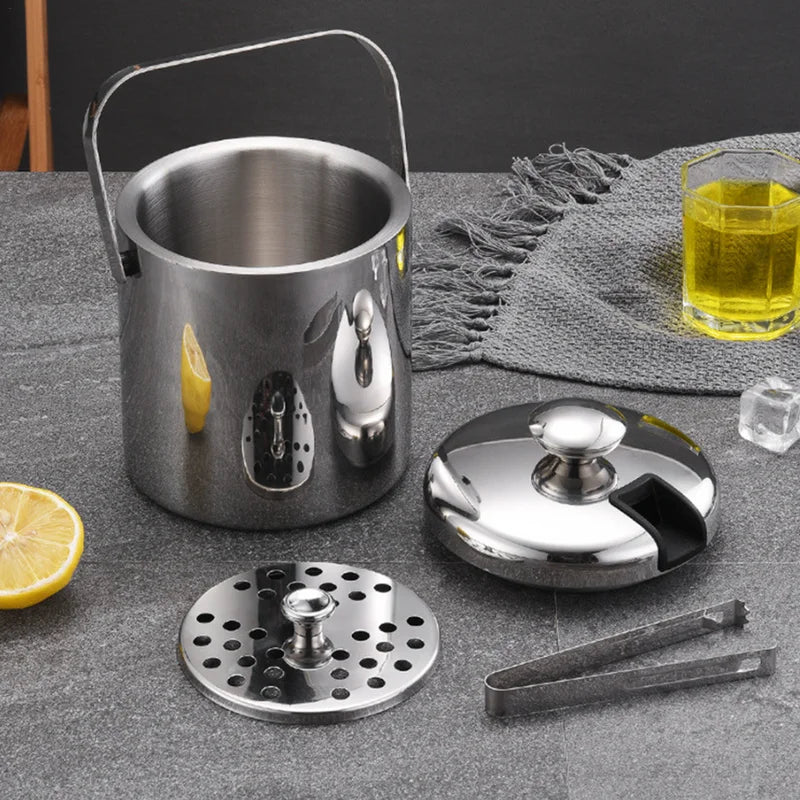 Balde De Gelo De Aço Inoxidável Com Pinças, 1.3L, Filtro De Parede Dupla, Punho, Casa, Bar, Refrigeração, Cerveja, Champanhe, Baldes Refrigeradores