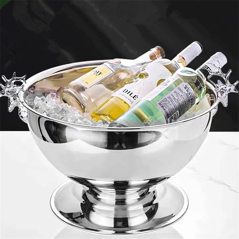 304 Aço Inoxidável Caixa de Gelo, Cervo Cabeça Orelha Champagne Tigela Balde de Parede Dupla Refrigerador de Qualidade Alimentar Balde de Gelo Bar Suprimentos 3L