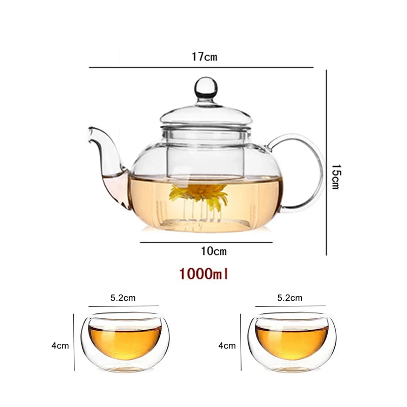 Bule de chá de vidro resistente ao calor de 1000ml, bule de vidro com inuser folha de chá pote de café de ervas conjunto de chá prático garrafa de chá flor