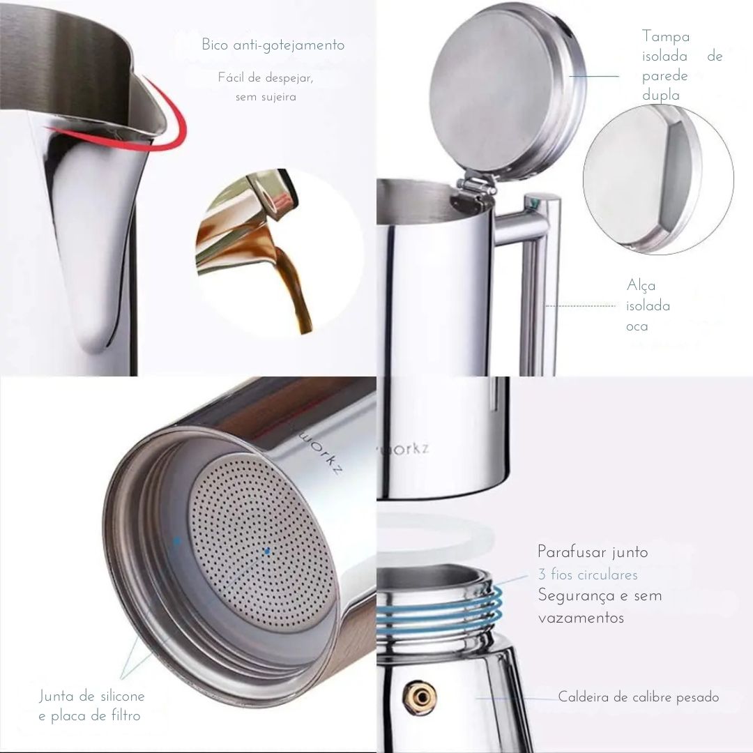 Easyworkz Diego-Stovetop Espresso Maker, Máquina De Café Italiano, Moka Pot Indução, Aço Inoxidável, 4Cup, 6.8 oz