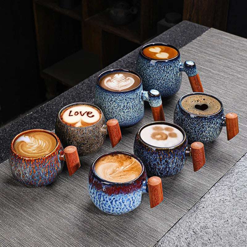 Copo De Café De Cerâmica De Cor Irregular Com Cabo De Madeira, Copo De Chá De Leite, Decoração De Mesa, Caneca Bebendo Do Vintage, Presente Home, Novo