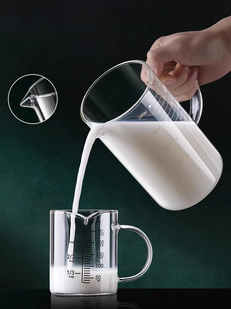 Copo de medição de vidro resistente ao calor com alça, Copo de laboratório, Caneca de medição de leite e café, 250 ml, 350 ml, 500 ml, 1000ml, 1 Pc, 2Pcs