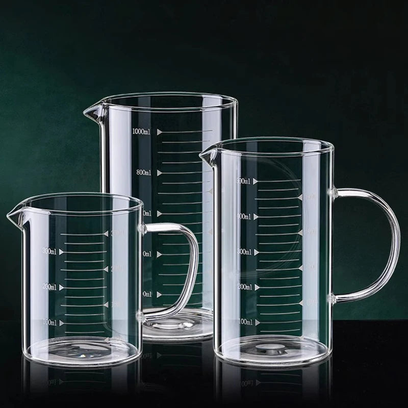 Copo de medição de vidro resistente ao calor com alça, Copo de laboratório, Caneca de medição de leite e café, 250 ml, 350 ml, 500 ml, 1000ml, 1 Pc, 2Pcs