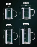 Copo de medição de vidro resistente ao calor com alça, Copo de laboratório, Caneca de medição de leite e café, 250 ml, 350 ml, 500 ml, 1000ml, 1 Pc, 2Pcs