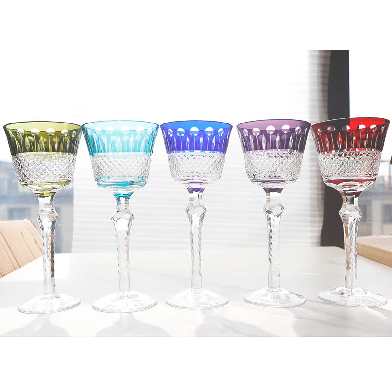 Estilo checo mão corte de vidro colorido barware hock copos de vinho esculpir lótus champanhe vidro highball copo cocktail suco de uísque