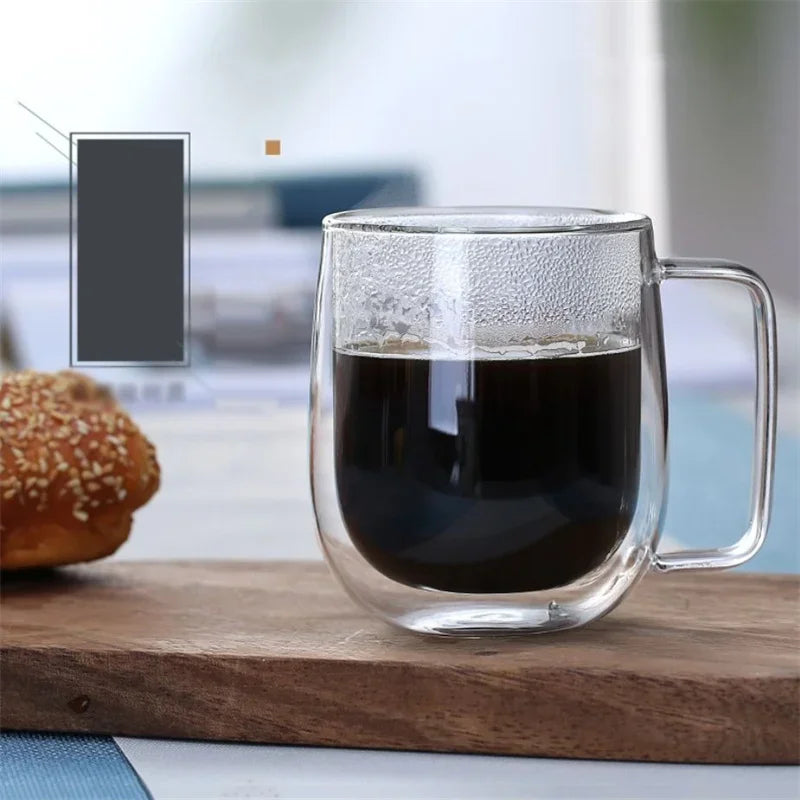 Caneca de vidro de borosilicato alto, resistente ao calor, 150-350ml, parede dupla, copo de café com alça, copo de água de leite, copos transparentes, presente