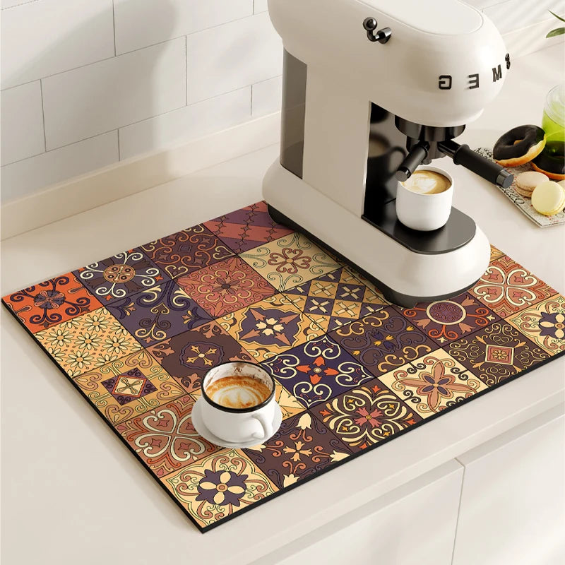 Tapetes de secagem a prato impermeável, máquina de café Mat, Quick Drain Pad, Louça antiderrapante Drenagem Placemat, Tapete Cozinha Retro