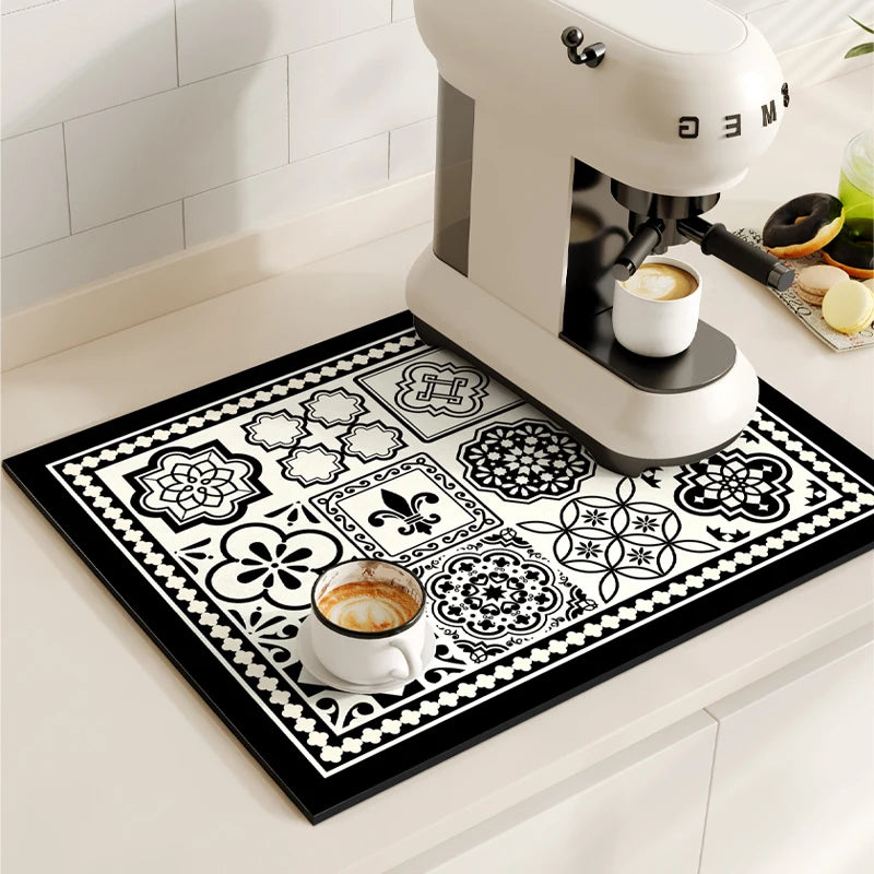 Tapetes de secagem a prato impermeável, máquina de café Mat, Quick Drain Pad, Louça antiderrapante Drenagem Placemat, Tapete Cozinha Retro